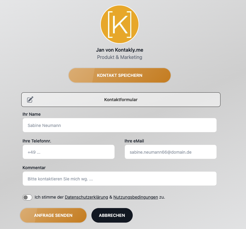 Kontaktly.me bietet Beta Usern jetzt ein Kontaktformular zum Austausch von Kontaktdaten.